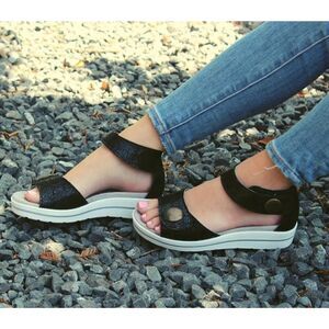 PORTANIA HAZEL 32 Womens Sandals Size EU 40 US 9-9.5 Black Leather Strappy Wedge